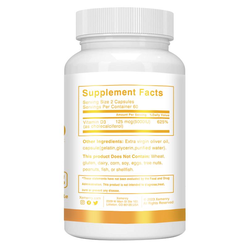 XEMENRY Vitamin D3 Extract Capsules, 5,000 IU per serving, high purity, all-natural, suitable for both men and women.