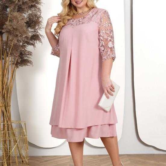 Formal Dress Elegent Beauty Lady Dress Embroidery Plus Size Midi Dress Loose Round Neck Floral Net Yarn