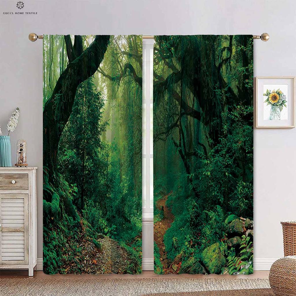 Green Forest Autumn Woods 3d Printing Curtains Tyndall Effect Bedroom Living Room Kitchen Decorative Curtains 2 Pieces