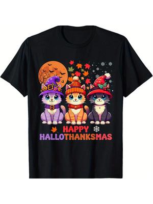 Halloween Thanksgiving Christmas Happy HalloThanksMas Cats T-Shirt Summer Comfortable Casual Short Sleeve T-Shirt
