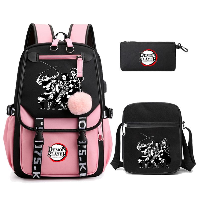 3Pcs/set Demon Slayer Kamado Nezuko Backpacks for Girls Anime School Bag Teenager Student Canvas Laptop Back Pack Women Rucksack