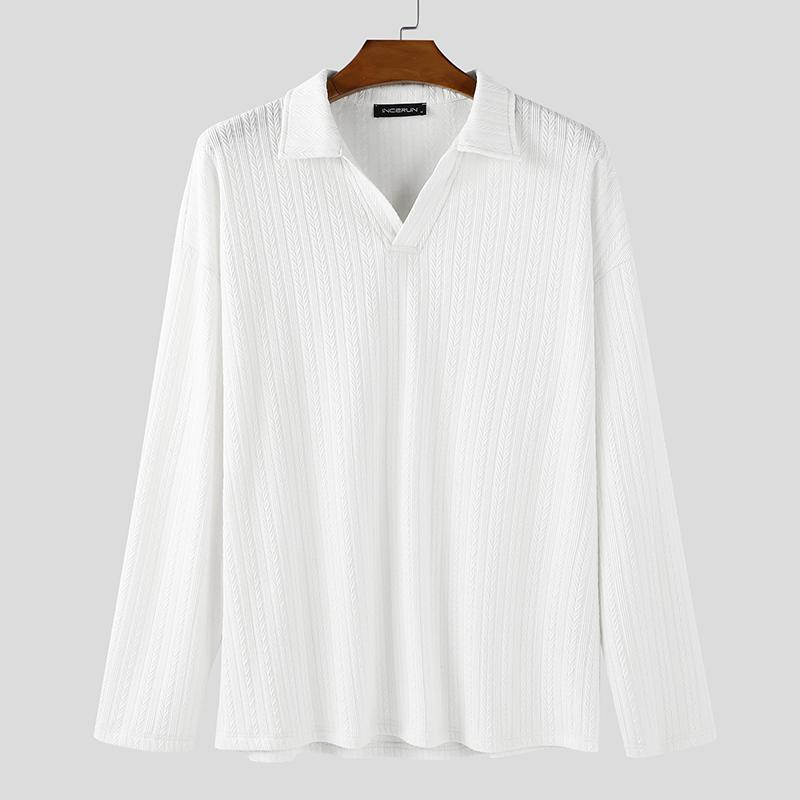 INCERUN Autumn Men Lapel Neck Long Sleeve Texture Pullover Tops