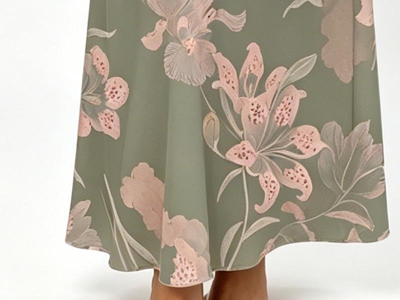 French Style Sage Green Pink Floral Print V-Neck Dress, High Waist Elegant Maxi with Flutter Sleeves for Daily & Date