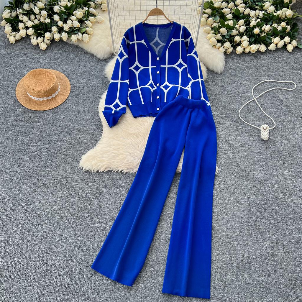 Модные базовые трикотажные костюмы женские однобортные кардиганы с принтом + широкие брюки с высокой талией, однотонный свитер, комплект из 2 предметов