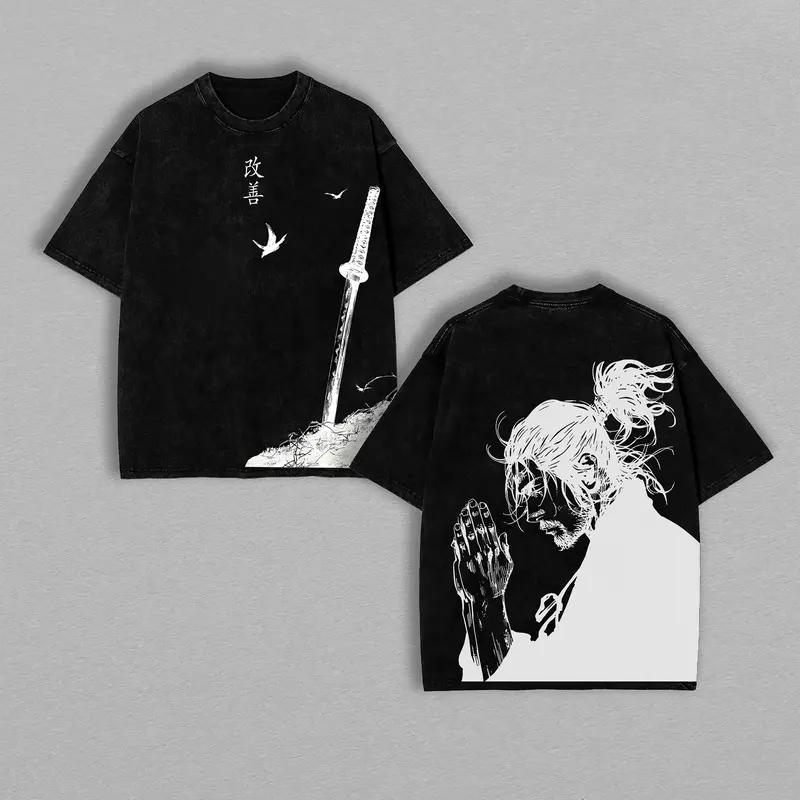Vagabond Миямото Мусаси Печатная футболка Мужская Женская Стиранные Хлопковые Футболки Манга Винтажная Футболка Харадзюку Мужская Футболка с Коротким Рукавом