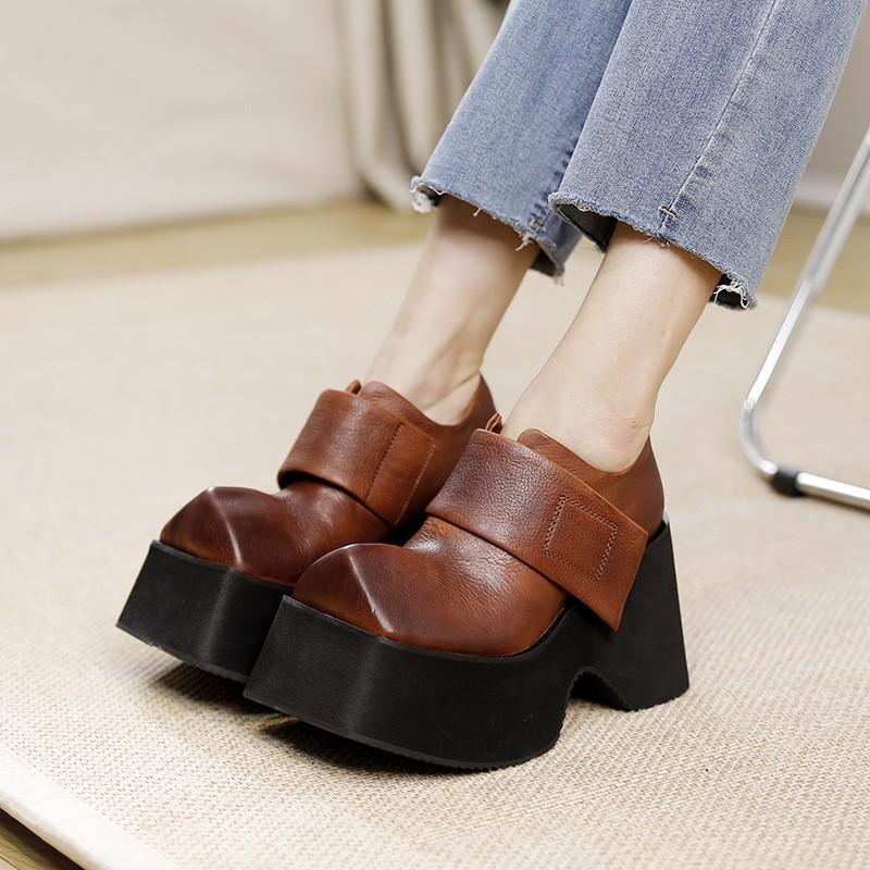 Johnature Туфли из натуральной кожи в стиле ретро на толстой подошве 10 см, женские однотонные туфли на платформе с квадратным носком
