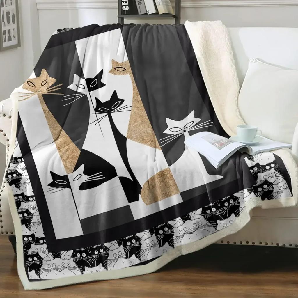 Grey and White Cats Blanket Plush Sherpa Flannel Throw Blanket for Couch Sofa Super Soft Blanket Bedroom TV Throw Blanket Full