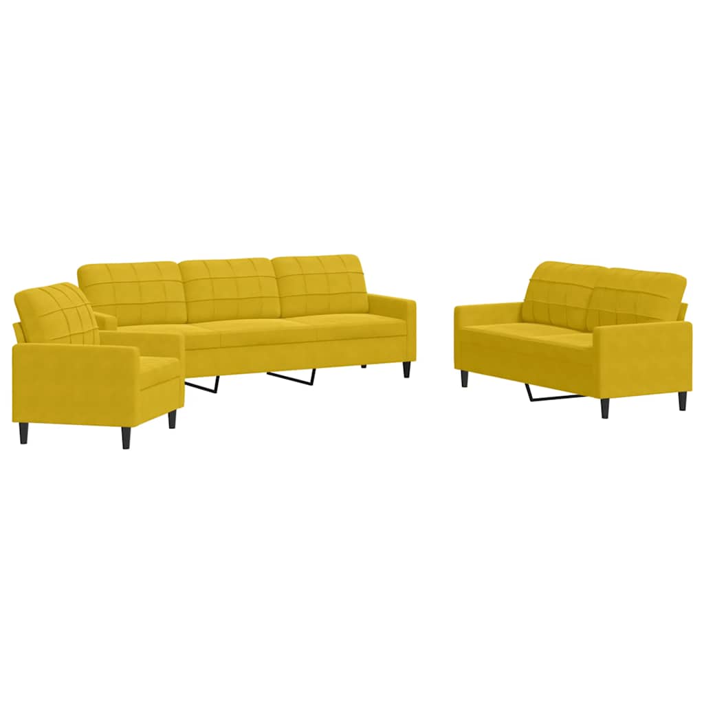 3 Piece Sofa Set with Cushions Yellow Velvet