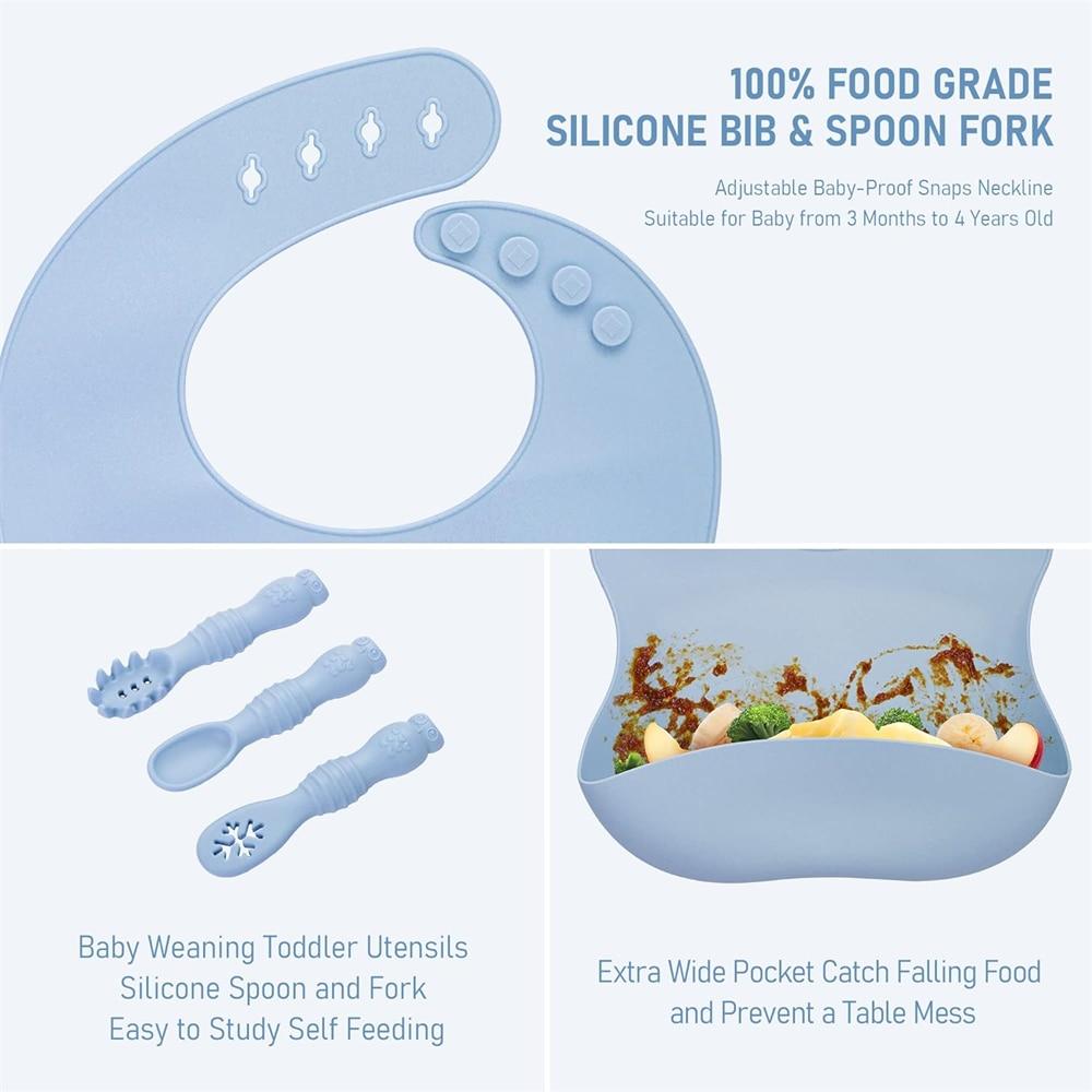 10-Piece Baby Feeding Set, Silicone Bib with Plate, Suction Bowl, Snack Cup, Spoons, Allergy-Free, Blue