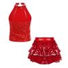 Girls  Jazz Dance Outfit Halter Sleeveless Sequin Crop Top Tiered Ruffle Skirted Shorts Set
