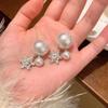 Korean-Style Shiny Snowflake Diamond Earrings for Women, Two-Way Back Hanging Pearl Design, Celebrity-Inspired.