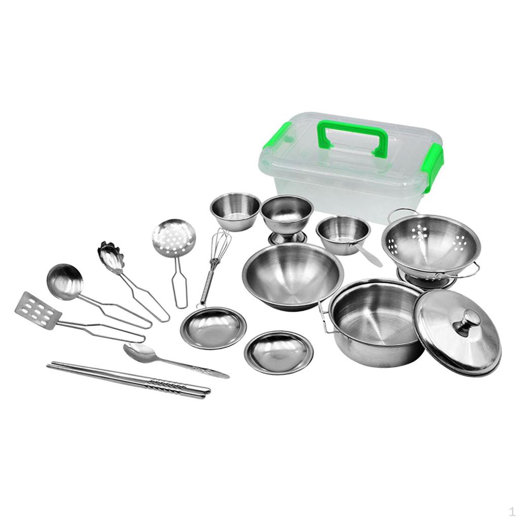 17Pcs Mini Stainless Steel Cookware Playset, Kids Play Pots and Utensils Playset for Age 2 3 4