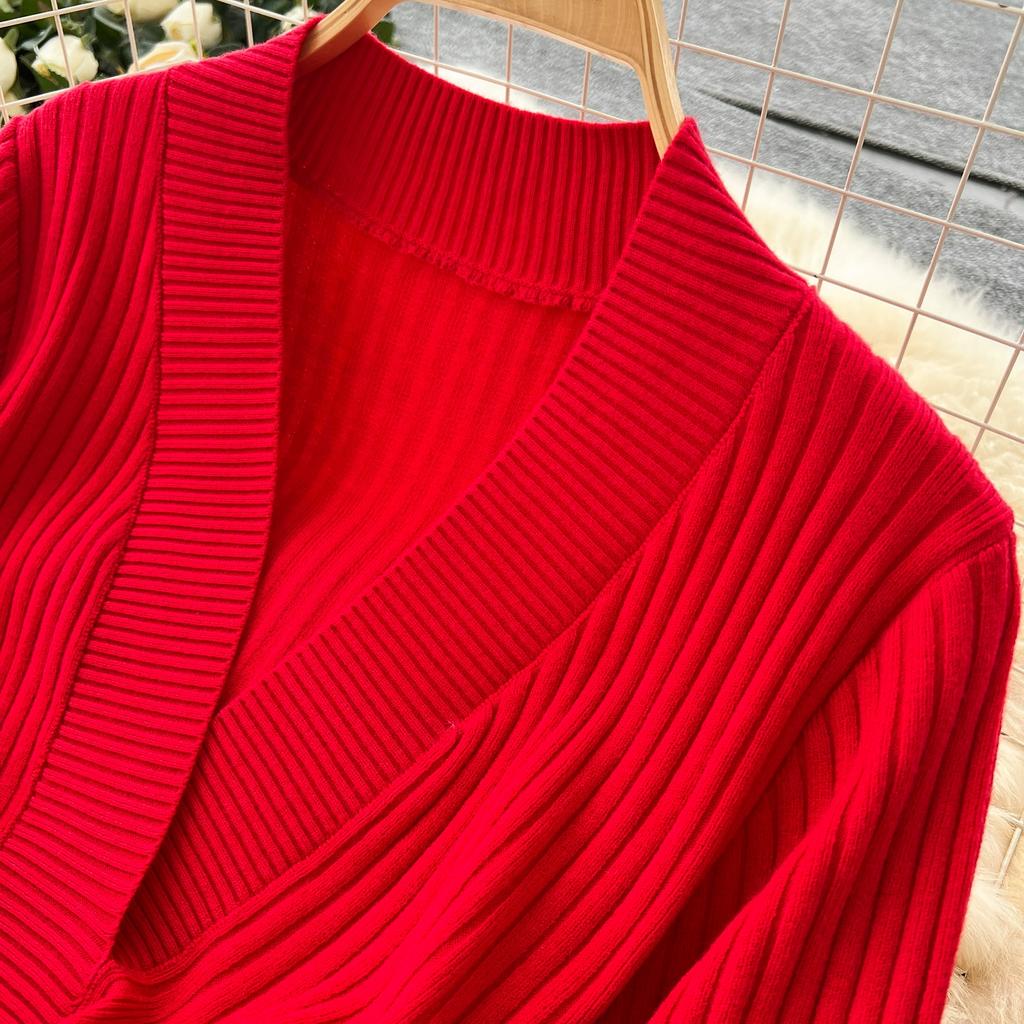 Spring Autumn Women Casual V-neck Full Sleeve Knitted Sweater Midi Pencil Dresses with Belt