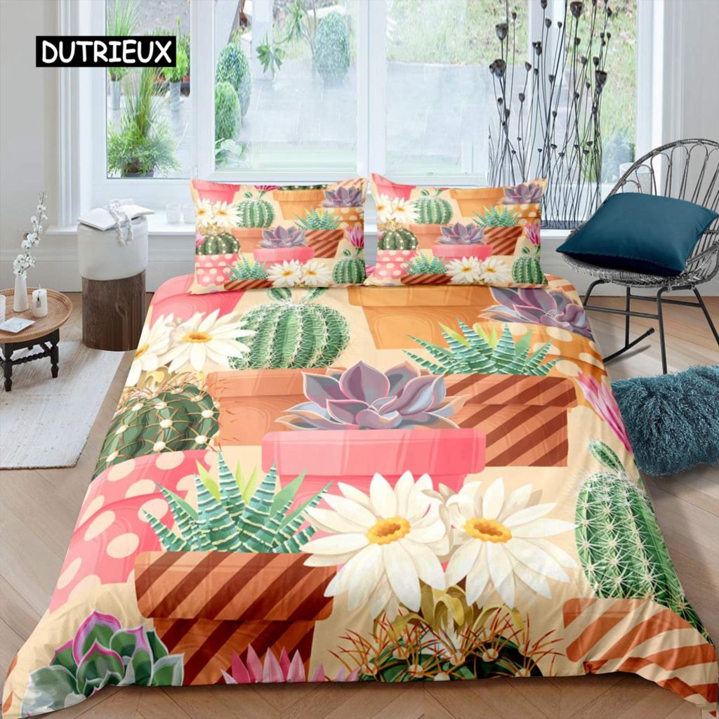 Пододеяльник с суккулентами, комплект постельного белья с зелеными растениями, тропическим ботаническим рисунком, акварелью, стильным принтом природы, двухспальное покрывало