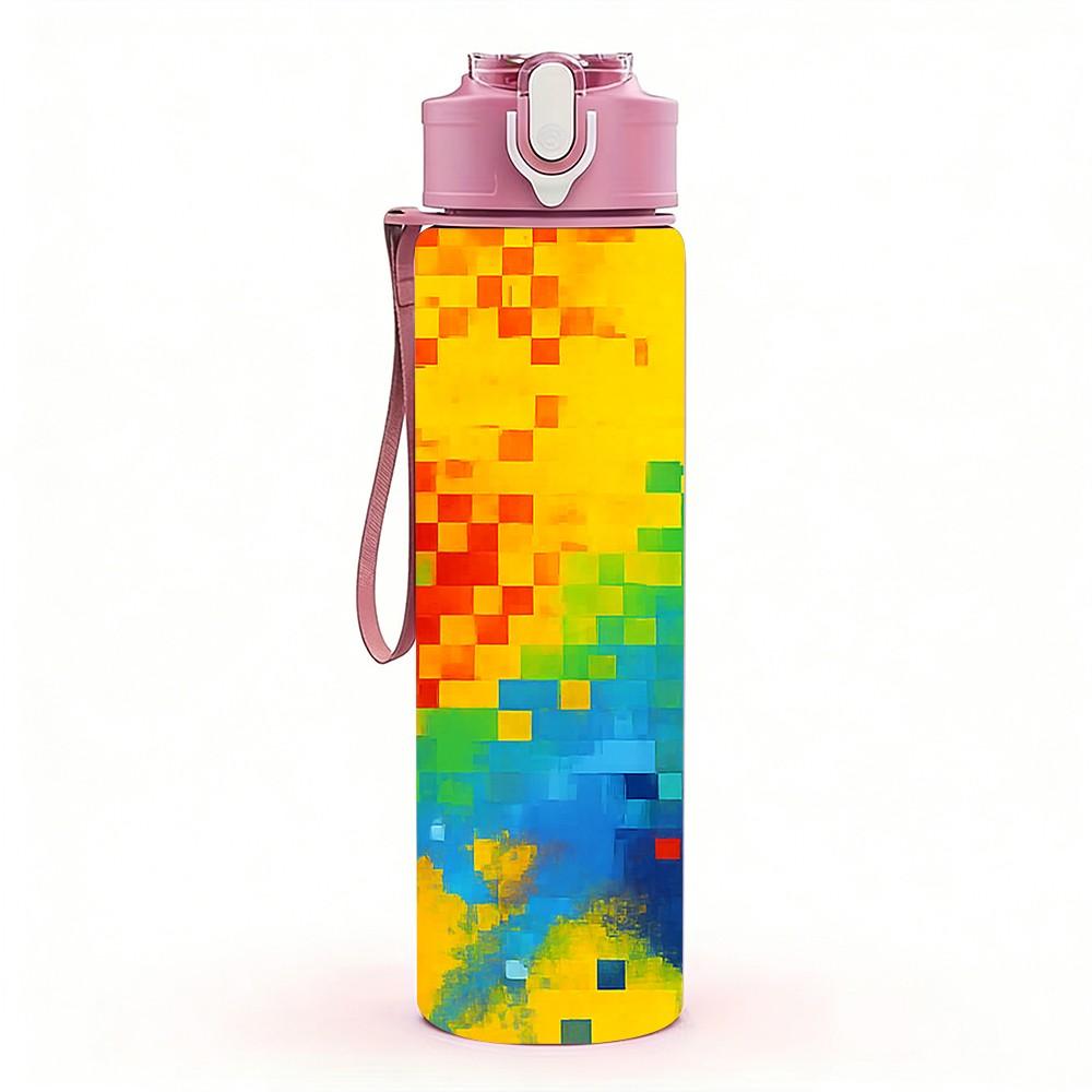 1PC Rainbow Pixel Splash Abstract Print 750ml Color Plastic Sports Water Bottle Leakproof Flip Straw Lid Suitable for Sports Office Home Use