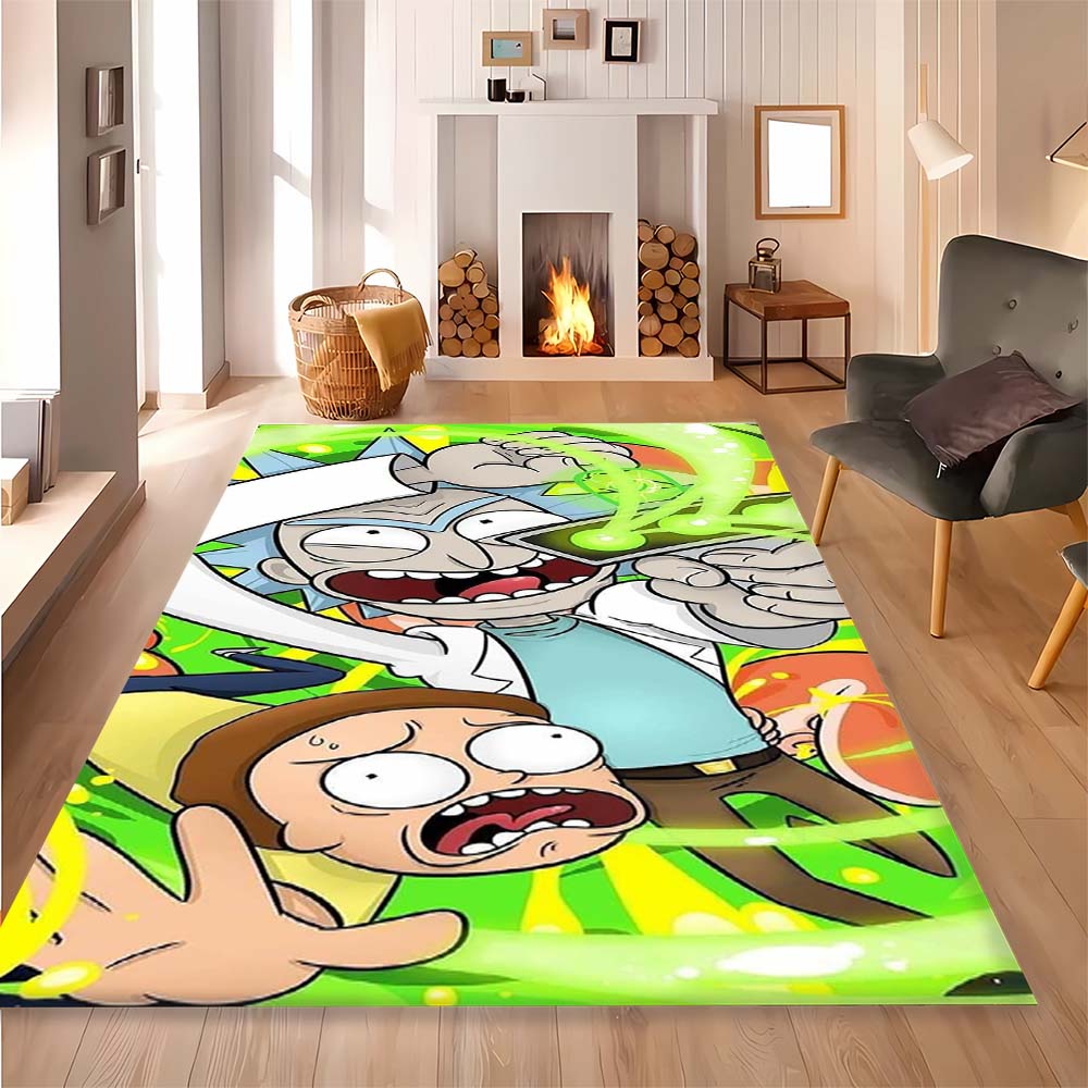 Ricky and Morty cartoon character non-slip and stain-resistant printed rug, suitable for doorways, bedrooms, and home décor.