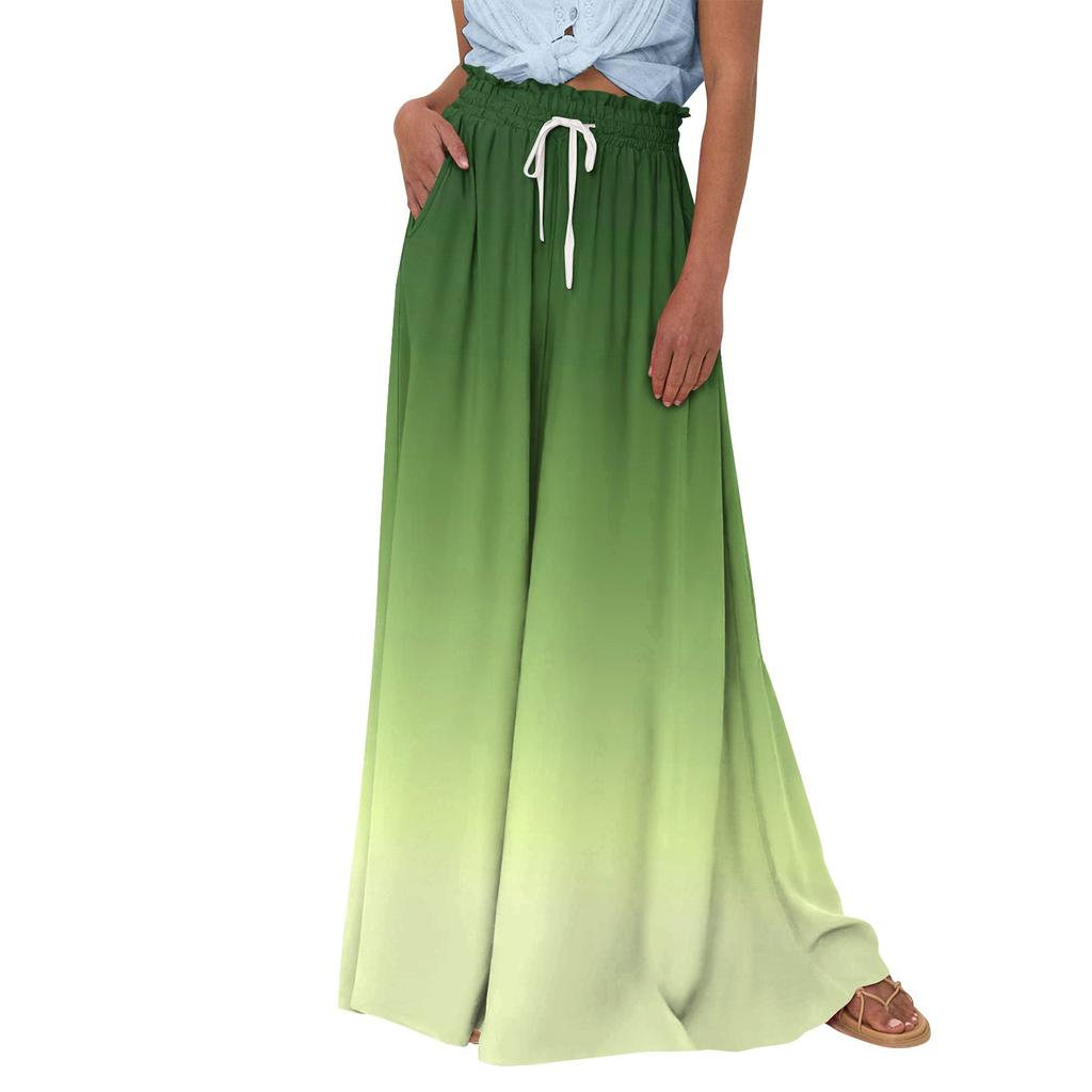 Женские широкие брюки с высокой талией, летние повседневные струящиеся брюки-палаццо, пляжные брюки с принтом и карманом