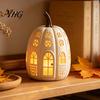 Thanksgiving Home Ornament Lighted Pumpkin Cottage Ornament, Flickering Tabletop Lamp, Light-Up Retro Resin House Farmhouse Fall Centerpiece
