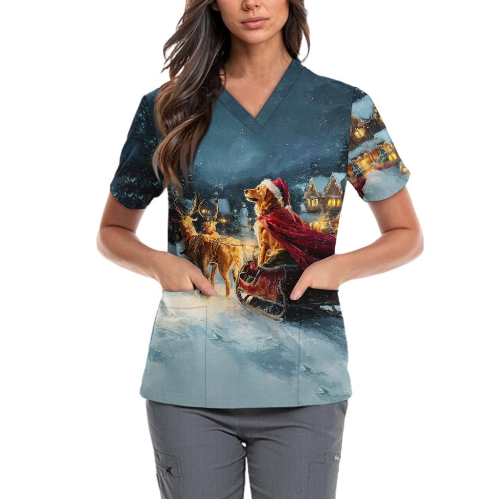 Женская милая блузка с принтом бантиков, рабочая одежда, V-образный вырез, двойной слой, карманы, базовая, с коротким рукавом, пуловер