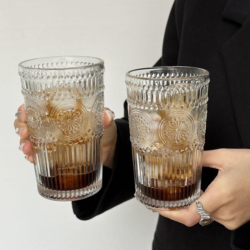 Наборы из 4 стеклянных чашек по 12 унций, чашки для кофе с тисненым дизайном, термостойкие, ретро, прозрачный набор чайных чашек, стаканы, бытовая посуда для напитков