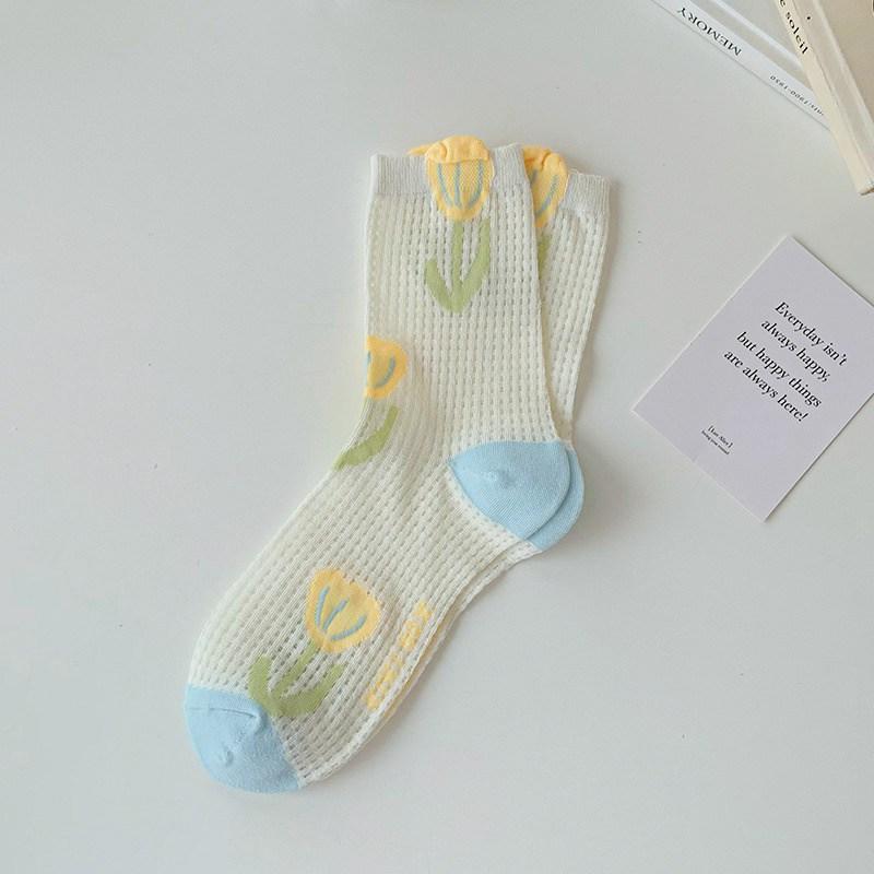 Носки для экипажа, женские повседневные милые носки в стиле ретро, ​​женские носки, модные летние длинные носки в стиле Харадзюку, дышащие сетчатые носки с цветочным принтом