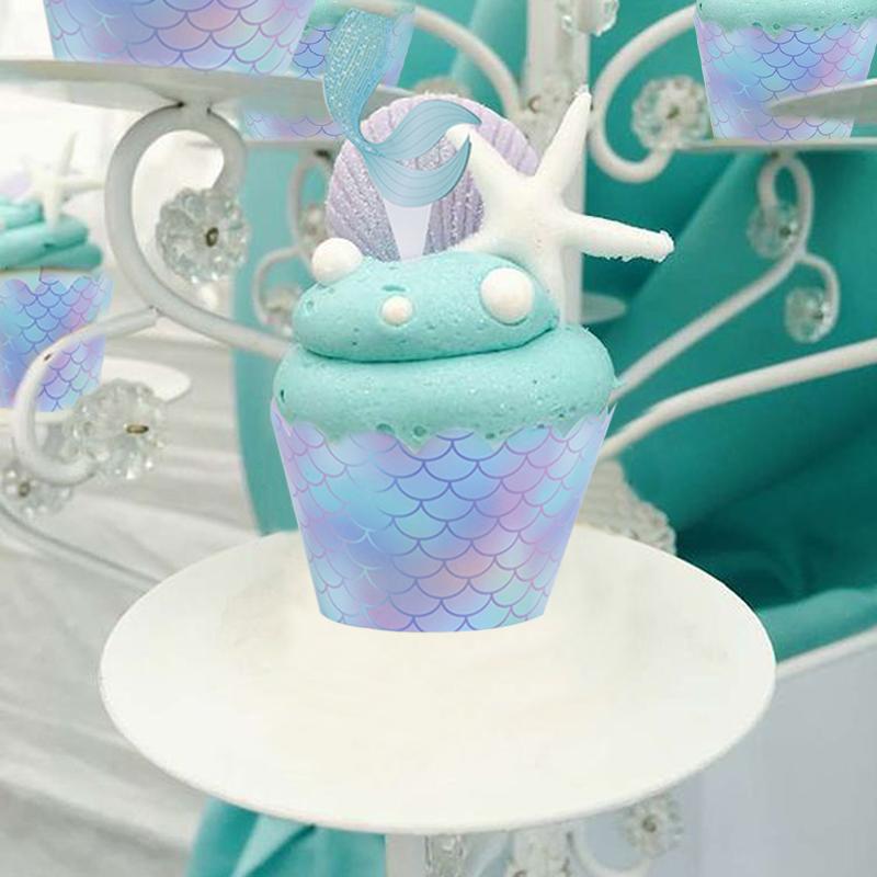 Mermaid Party Cupcake Toppers Under the Sea Theme Birthday Party Wedding Decor Ocean Cupcake Wrappers Girls Baby Shower Supplies