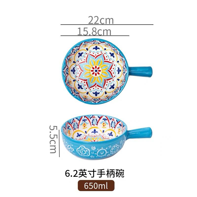 Bohemian Ceramic Handle Bowl, Home Creative Fruit Salad Bowl, Instant Noodle Bowl With Handle, Oven Baking Bowl, Heat-Resistant