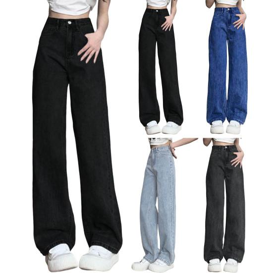 Women's Jeans with High Waist Zipper Closure Vintage Loose with Pockets Trousers Casual Wear Straight Wide Street Long Trousers