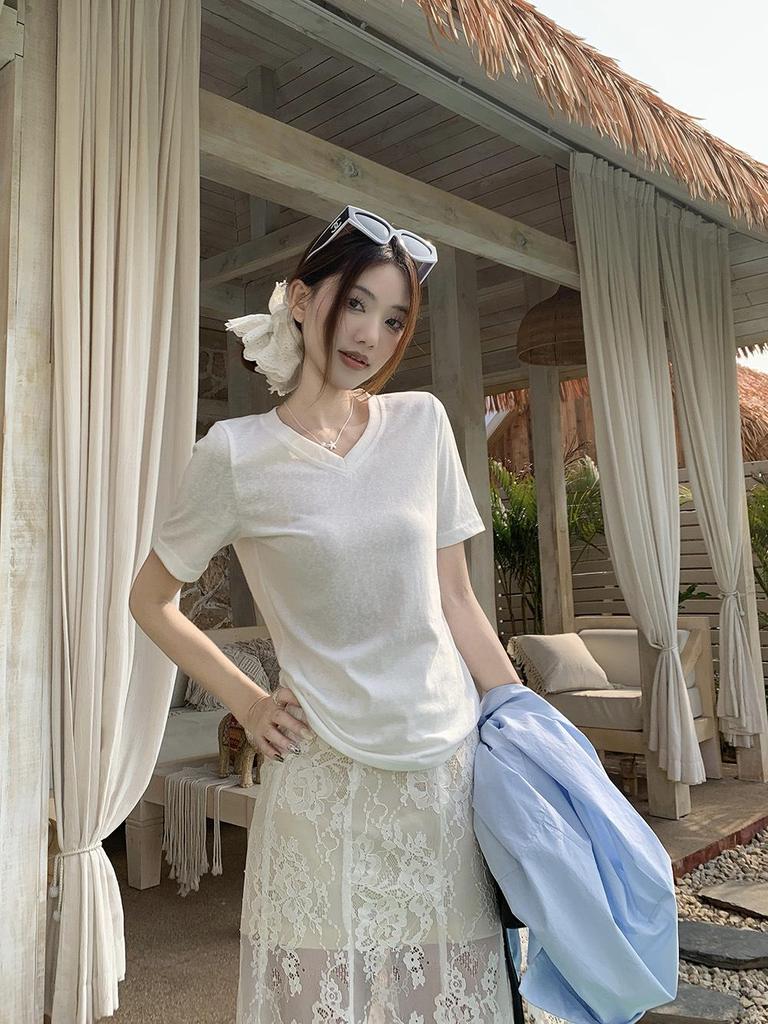 Женская синяя рубашка-жакет с кружевными вставками - корейский дизайн 2025 года, свободный крой, защита от солнца для лета