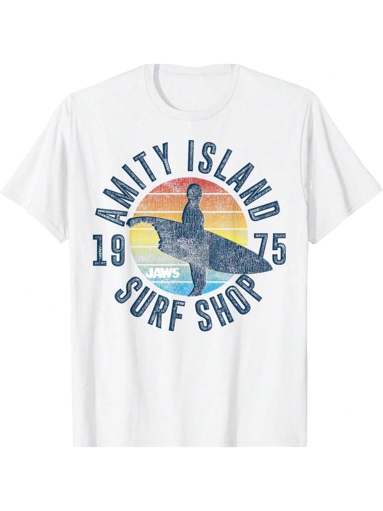 Amity Island 1975 Челюсти Магазин для серфинга Женская футболка из чистого хлопка, Высококачественный принт из чистого хлопка, Прочная и долговечная, Повседневная и модная