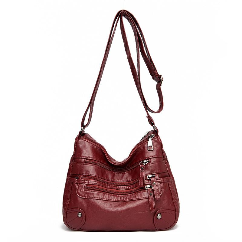 Solid Color Multi Zipper Bag Vintage Soft Leather Shoulder Bag Casual Crossbody Purse For Work