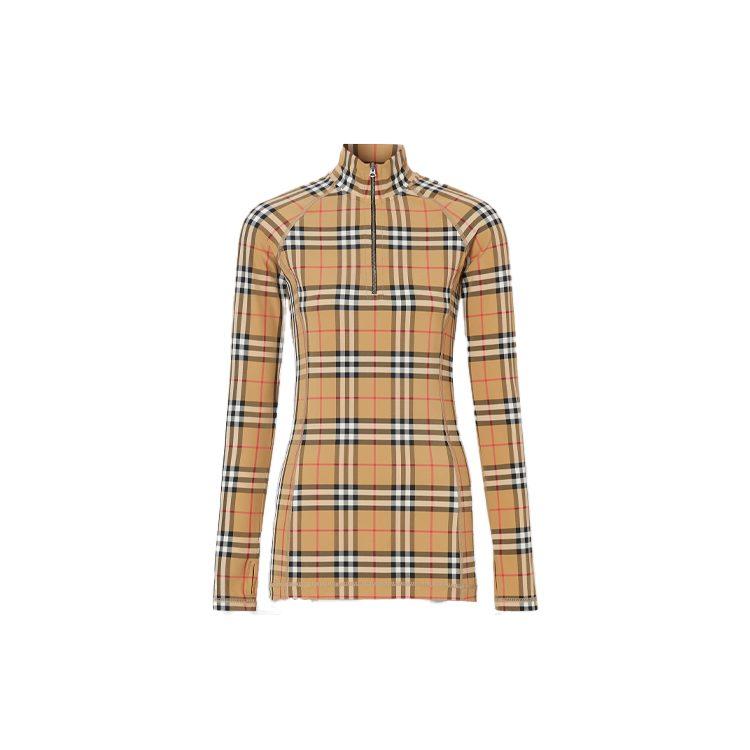 Burberry Женская клетчатая футболка с высоким воротником и длинным рукавом Archive Beige 80245721