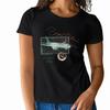 Retro Inspired Womens Short Sleeve T Shirt Royal Phantom Design with Airplane Stamp Graphic for a Nostalgic Look