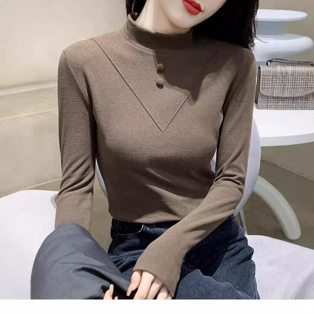 1x1 Ribbed Double-Sided Velour Women's Half High Neck Long Sleeve Slim-Fit Brushed Warm Top