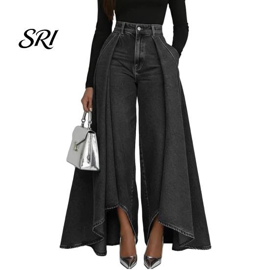 Simple Design Women Trousers Pants High Waist Buttons Zipper Closure Denim with Everyday Pockets Irregular Large Hem Wide Leg Solid Color Casual Loose