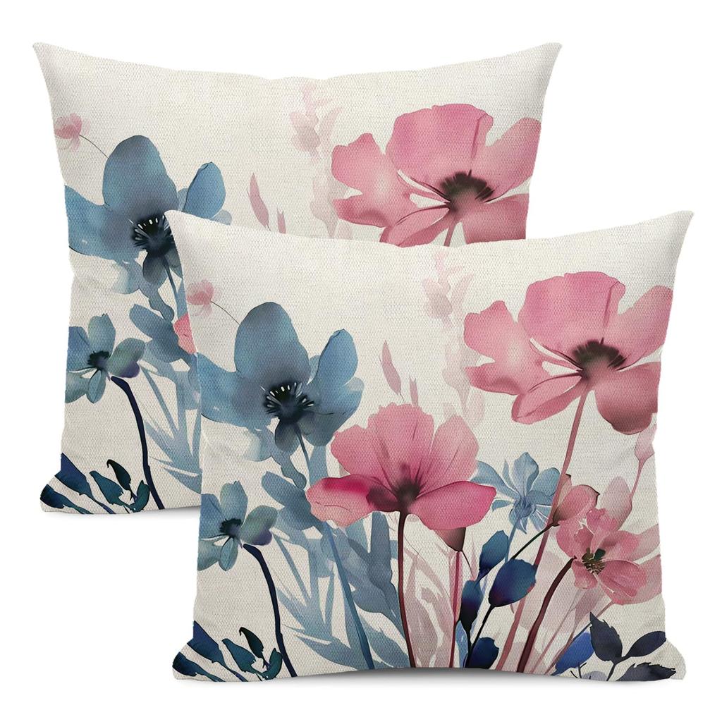 Pink Floral Pillow Cover Spring/Summer Country-Style Linen Blend Cushion Cover Universal for Living Room Sofa and Outdoor Use with Invisible Zipper