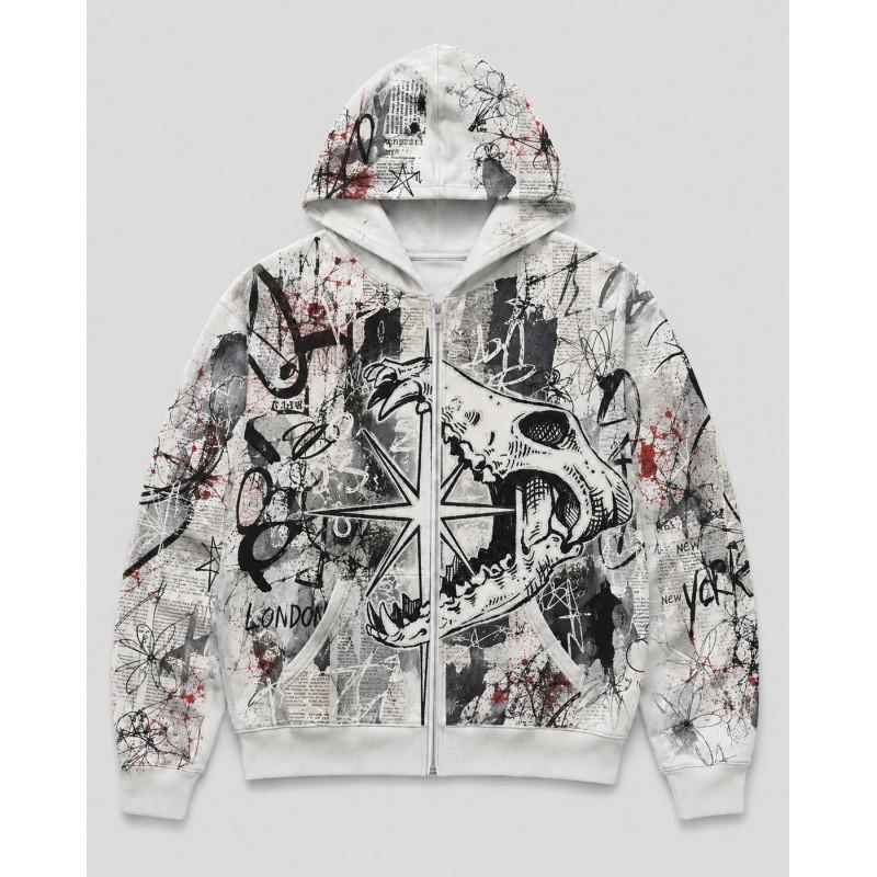 Youth Trendy 3D Digital Print Hooded Zip-Up Sweatshirt Teens Fall Casual Wear