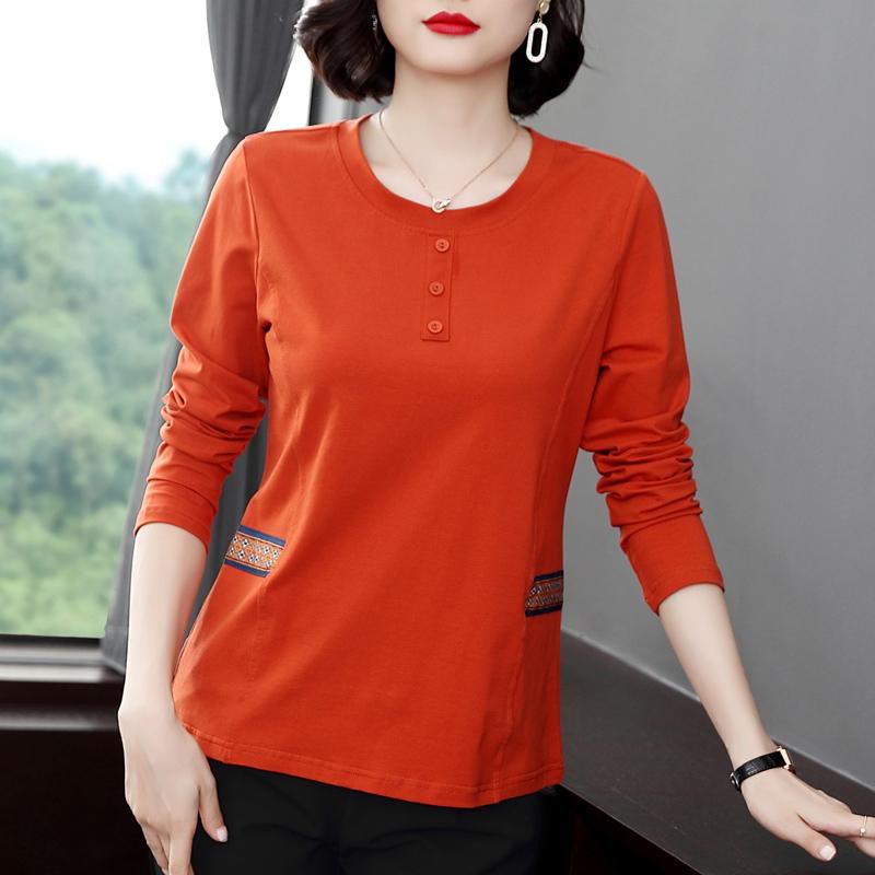 Women's Spring and Summer T -shirt Middle -aged Base Shirt Pure Cotton Long Sleeve Loose Top Fashion New Middle -aged Mothers Clothes
