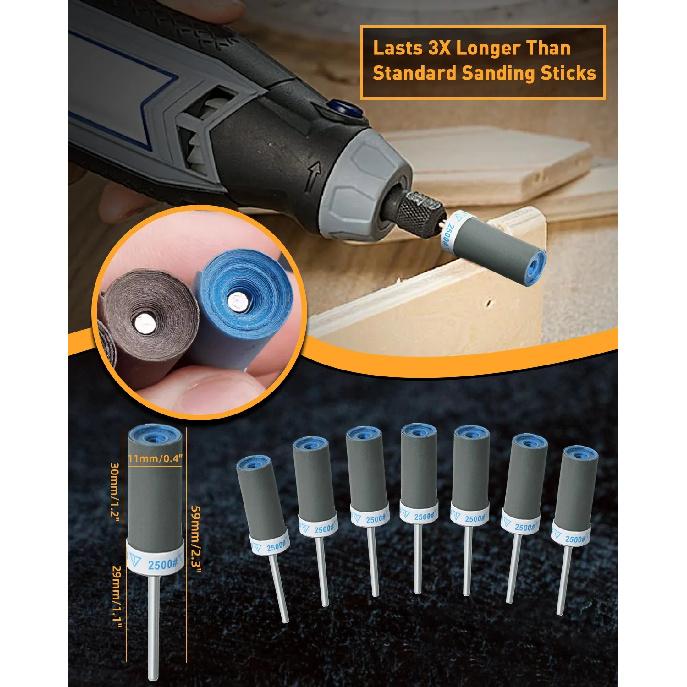 Sanding Drums Set for Dremel Rotary Tool 1/8" Shank Sandpaper Sticks 180-2000 Grits Metal Rust Removal Stone Grinding Polishing