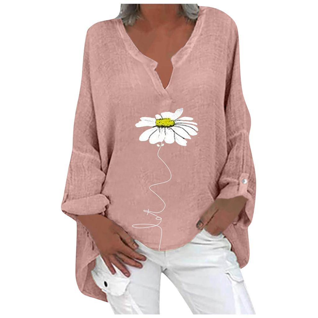 Women's Imitation Cotton Print Casual V-Neck Large Size Print Shirt Tops