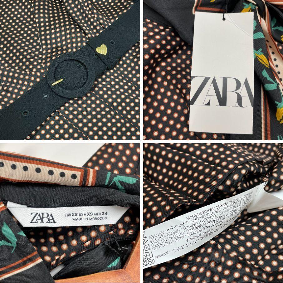 Used ZARA / XS / Black / Long-sleeved dress / Mini dress / Belted / Gold heart / New with tags / Adult cute / Polka dot fabric / Daily wear / Scarf /