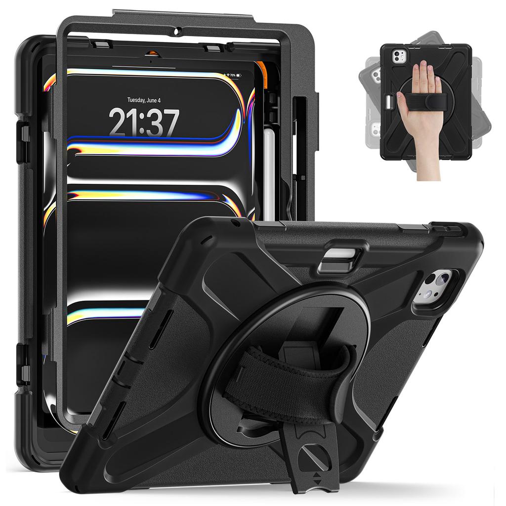 For iPad Pro 11 (2025)/11 (2024) Case Rotary Kickstand PC+Silicone Hand Strap Tablet Cover