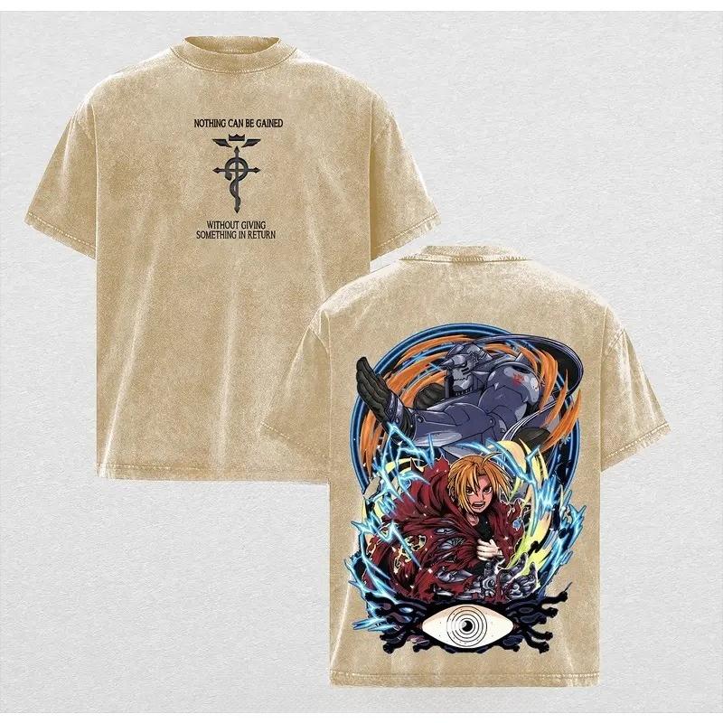 Эдвард Элрик Стальной Алхимик Одежда Мужчины Женщины Манга Футболки Винтажная Стирка Футболка Повседневная Хлопковая Футболка Харадзюку Мужская Футболка