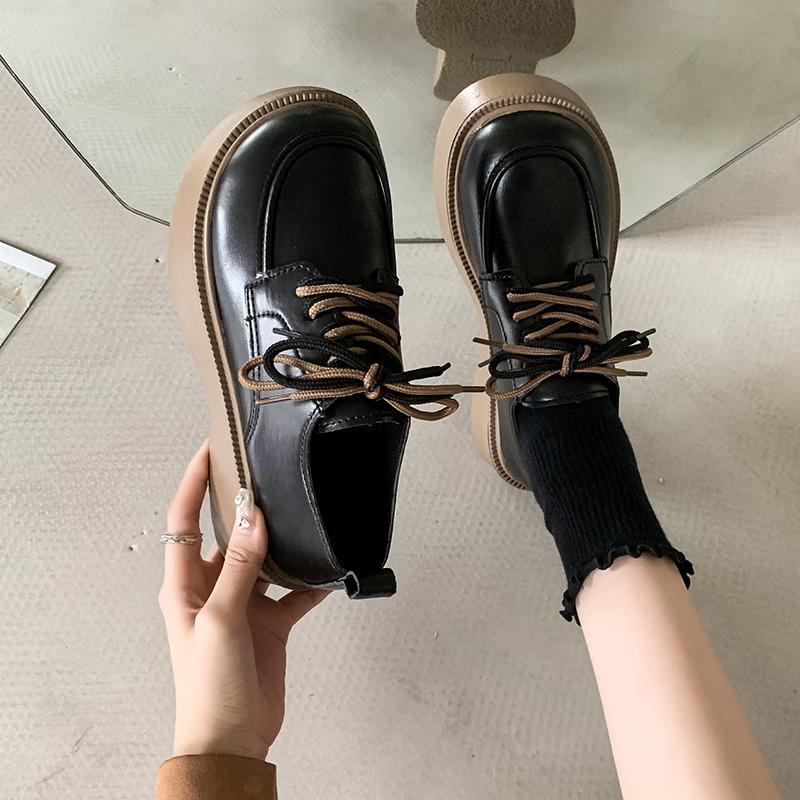 Fashion Small Leather Shoes for Women New Single Shoes Platform Muffin Tie Round Head Mary Jane Shoes for Women