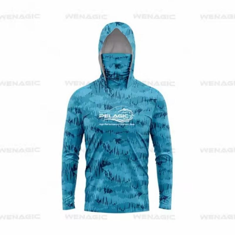 Mens UPF 50 Long Sleeve Camo Fishing Shirt With Hood Face Cover Outdoor Sports Cycling Apparel