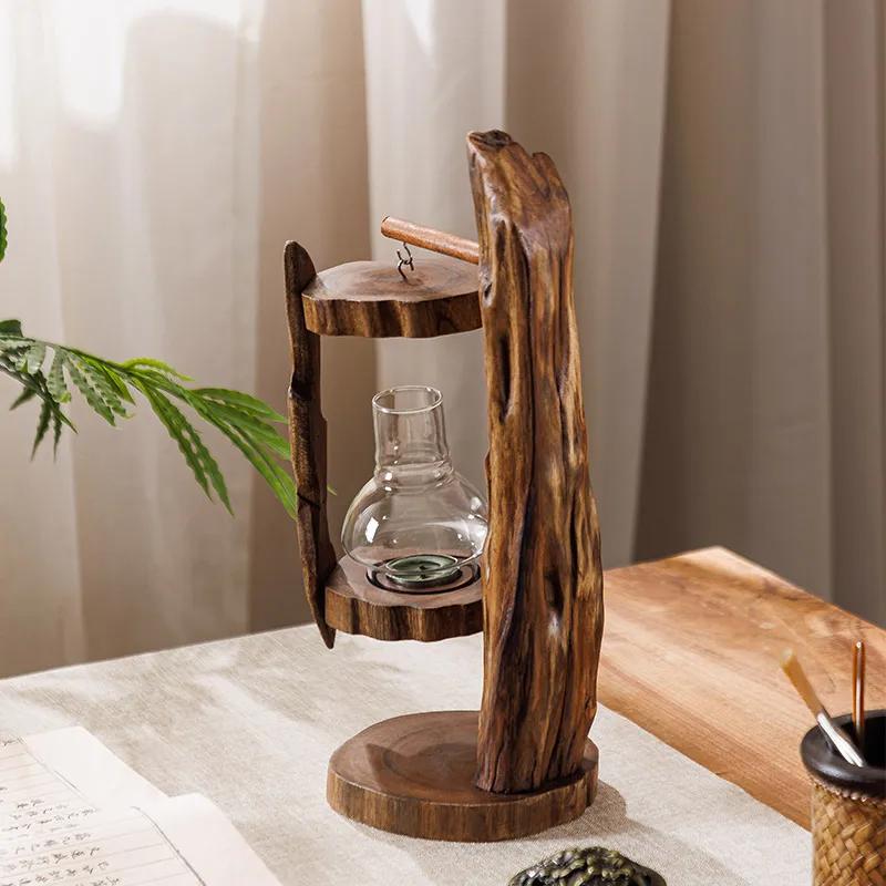 Log Wind Lamp Creative Candlestick Retro Southeast Asia Glass Cover Candlestick Outdoor Windproof Lantern Zen Decoration