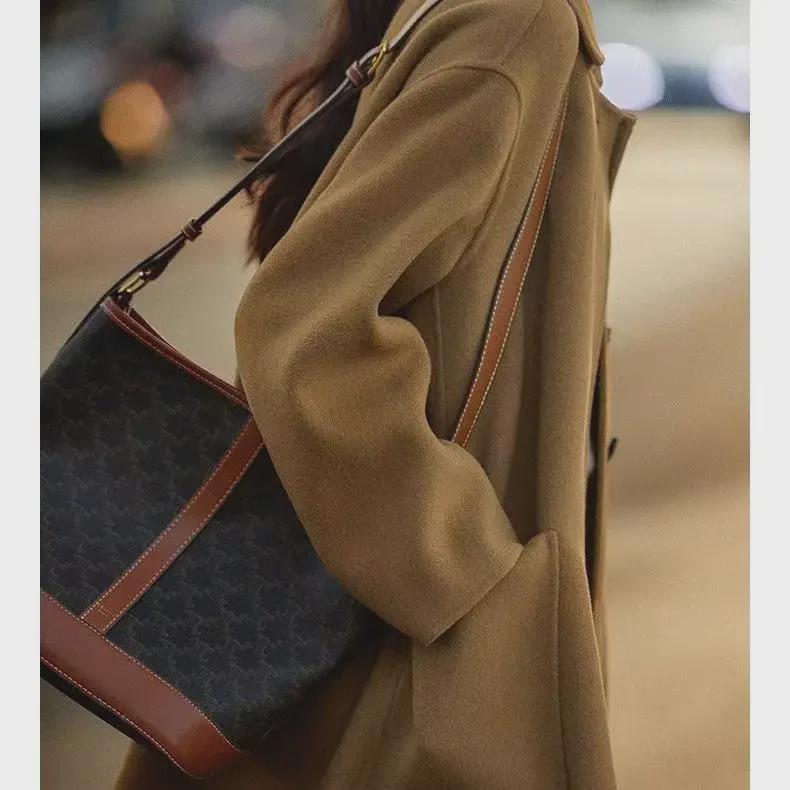 Женское шерстяное пальто тети 2024 в корейском стиле - Осень и Зима, средней длины, ниже колена, модного свободного кроя