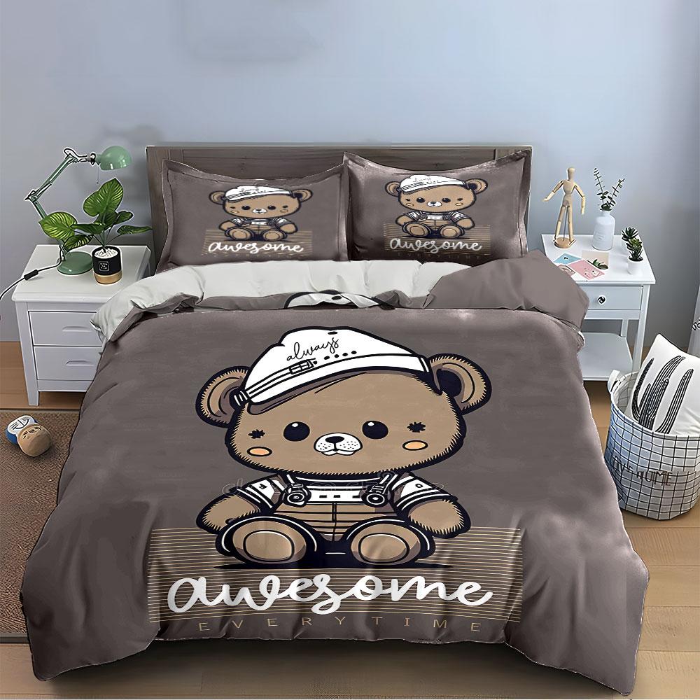 Cute Bear in Cap Design Bedding Duvet Cover Set Duvet Cover Pillowcases  (1*Duvet Cover 2*Pillowcases, without duvet insert)