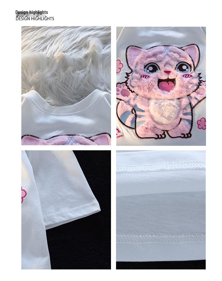 Guochao Оверсайз Футболка с флокированным милым тигром – Унисекс, с коротким рукавом, нишевый дизайн, парные наряды