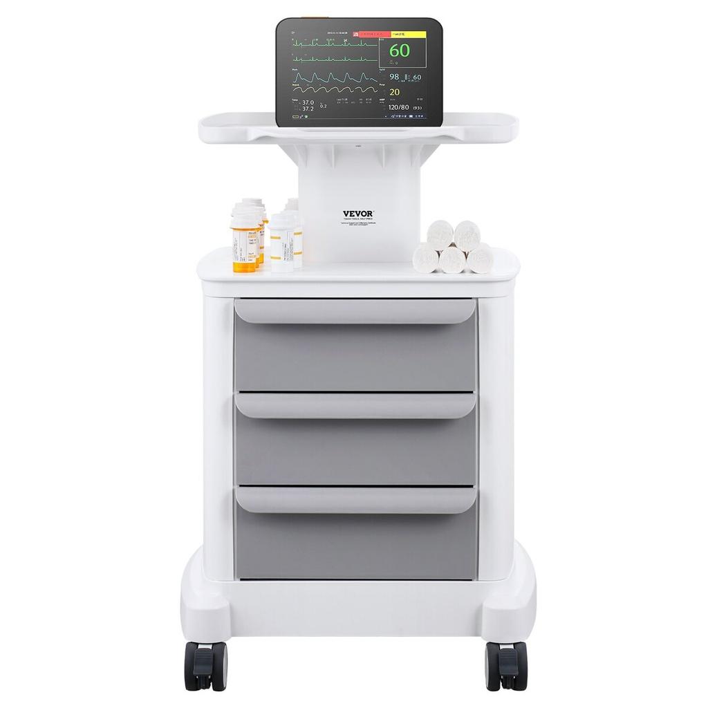 4 Tiers Lab Carts Mobile Medical Cart with 3 Drawers & 1 Top Tray White